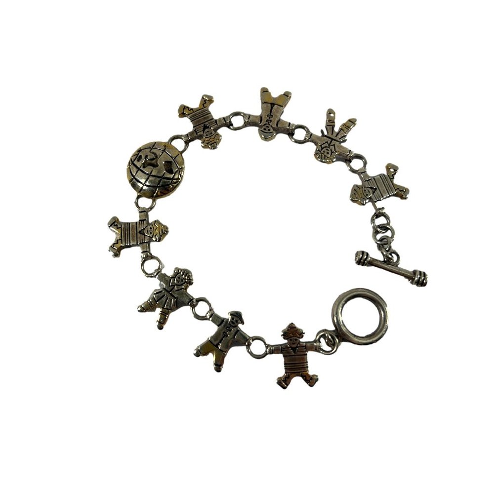 Vintage Best Bracelet People of the World Silver Tone Globe Toggle 7.5"
